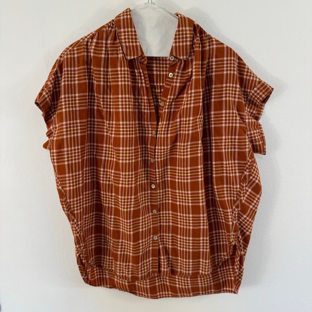 Madewell Plaid Button Front Top Medium Rust Orange Dolman Sleeve Blouse Cotton